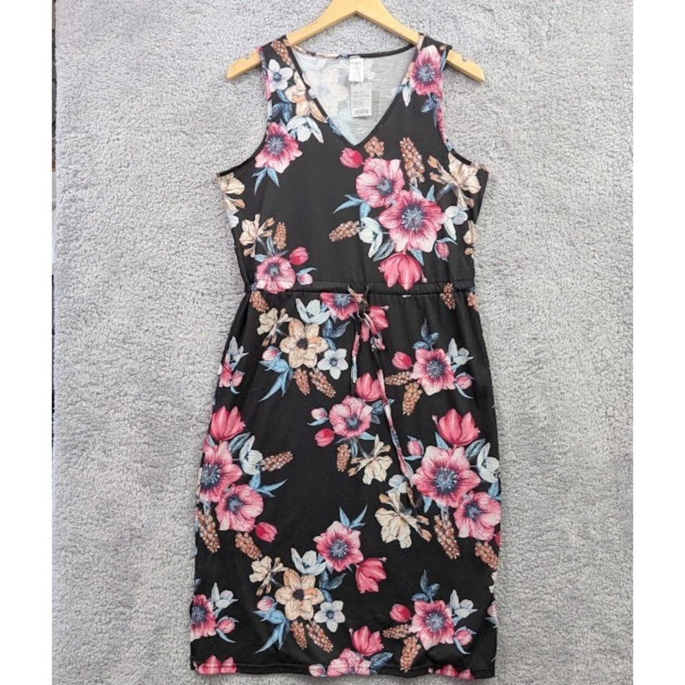 West Loop Floral Mini Dress Women's Medium Black Pink Cinched Waist Tank NWT